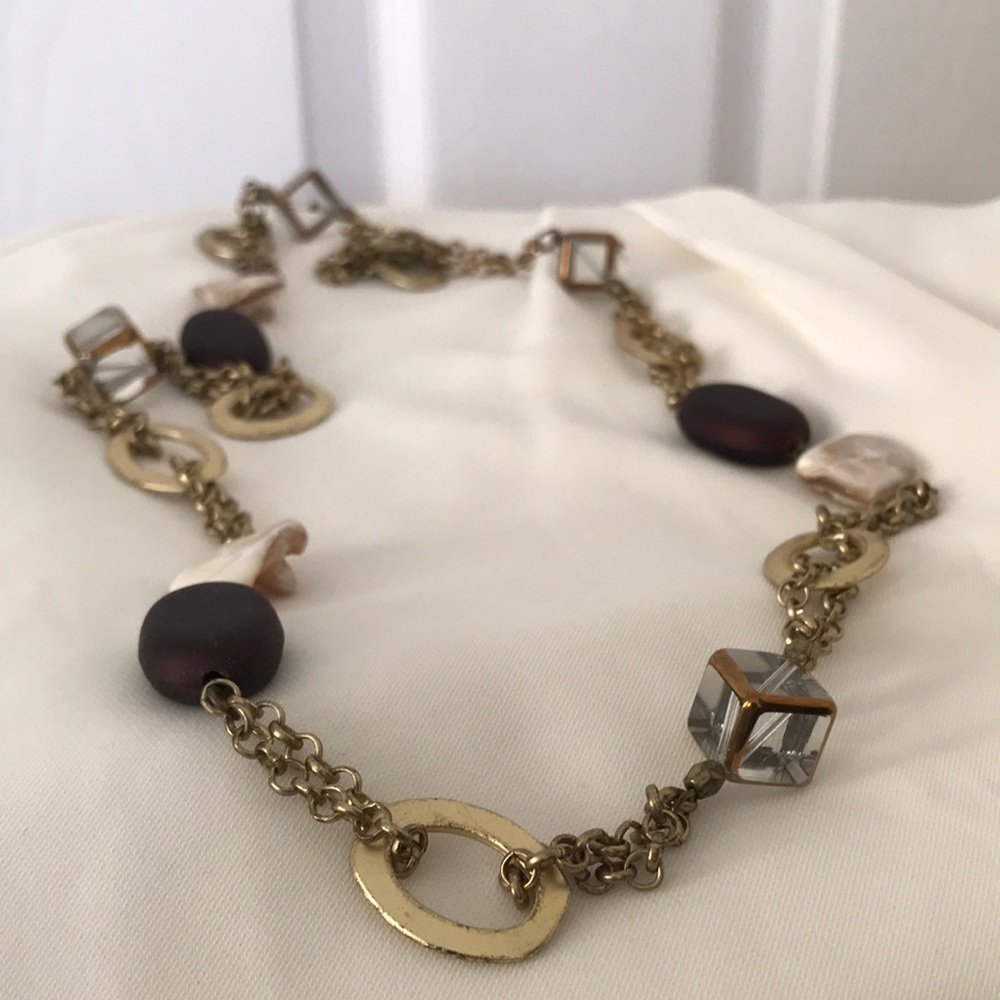 Gold and Brown stone and glass charm Necklace